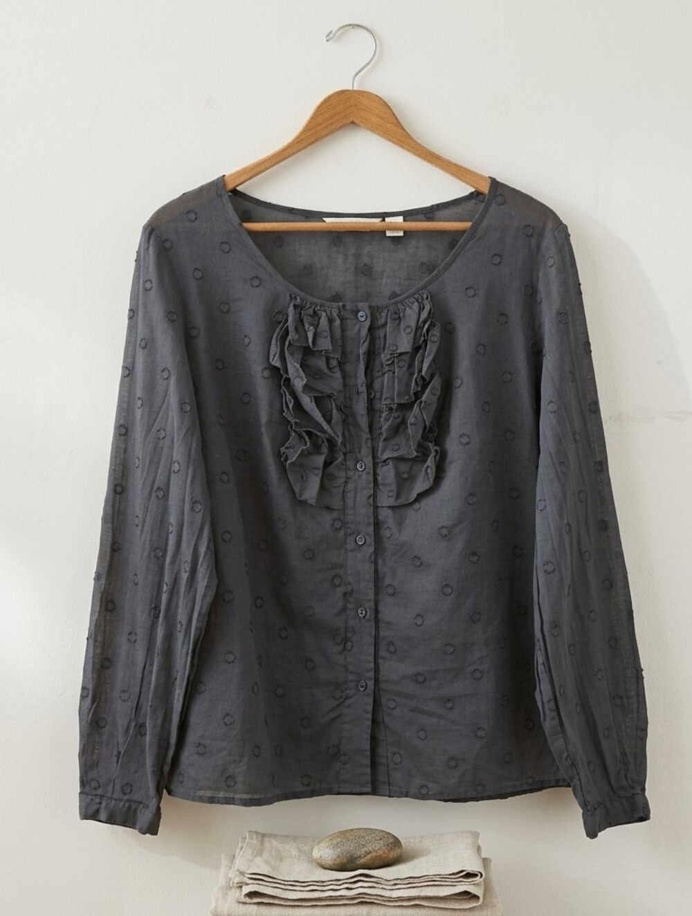 Liz Claiborne Charcoal Ruffle Front Swiss Dot Blouse Top Layered Cami - Large